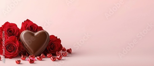 A romantic arrangement featuring red roses and a heart-shaped chocolate, perfect for expressing love and affection.