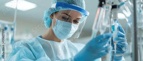 A healthcare professional in protective gear works diligently with medical equipment in a clinical setting.