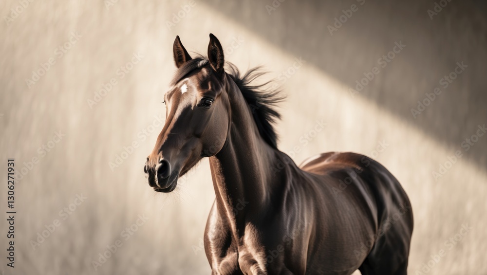 Fototapeta premium Stunning portrait of a young brown horse illuminated by sunlight