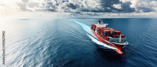 Panel kuchenny z motywem A large red cargo ship sails through calm waters under a cloudy sky, leaving a wake behind as it navigates the open sea.