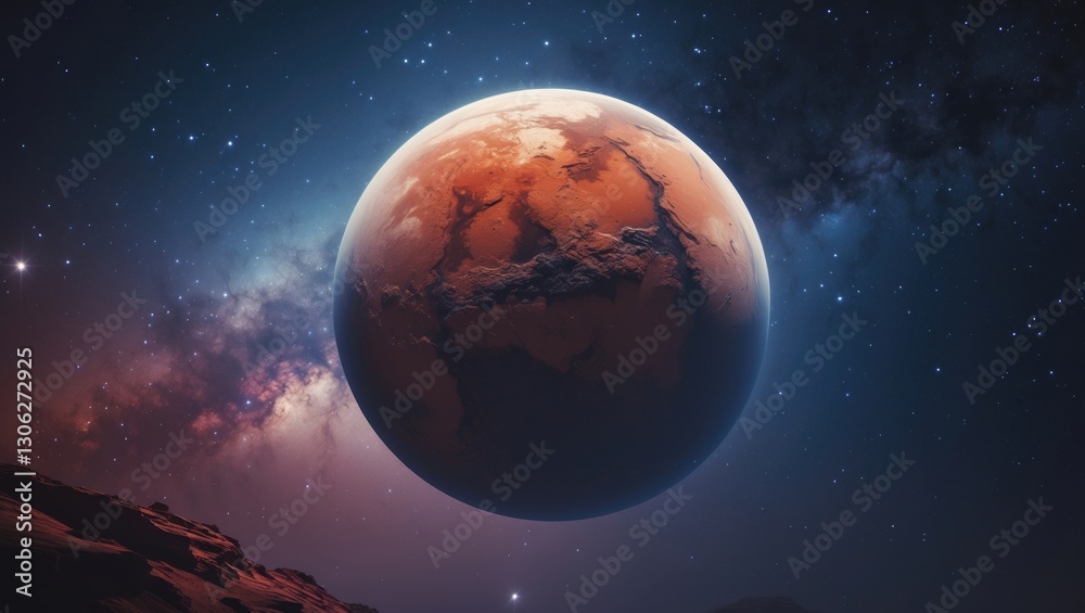 Fototapeta premium Stunning Mars in a star-filled space backdrop. Scenery of the solar system. Cosmic wallpaper.