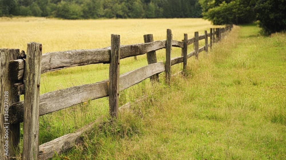 A rustic wooden fence along a grassy meadow, with empty space in the corner for text, emphasizing farm simplicity and tranquility A rustic wooden fence along a grassy meadow, with empty space in the corner for text, emphasizing farm simplicity and tranquility
