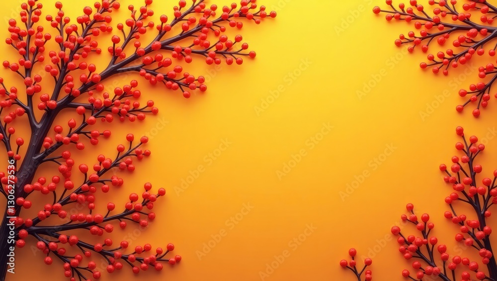 Autumn-themed background design for a photo display with a flat layout, top-down perspective, featuring anime-inspired mountain ash branches adorned with berries against an orange backdrop, capturi... Autumn-themed background design for a photo display with a flat layout, top-down perspective, featuring anime-inspired mountain ash branches adorned with berries against an orange backdrop, capturi...