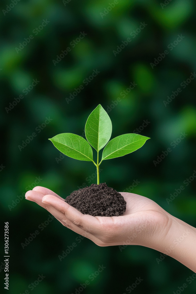 close up of hand holding soil with small green plant, symbolizing growth and sustainability close up of hand holding soil with small green plant, symbolizing growth and sustainability