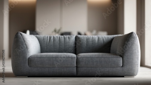 head-on view of a modern grey sofa in an elegant setting