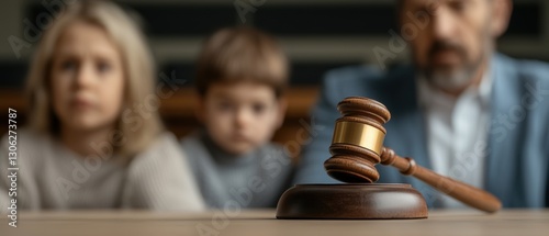 A gavel rests on a desk, with a blurred family in the background, suggesting a courtroom scenario related to family law or custody issues.