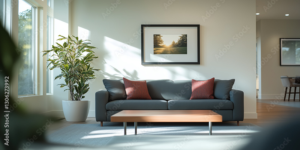 custom made wallpaper toronto digitalA stylish living room with a gray sofa, wooden coffee table, indoor plants, and sunlight streaming through large windows.  