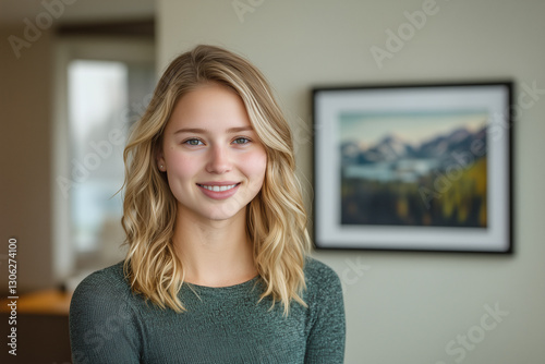 A happy blonde woman in a stylish home setting, standing in front of a framed landscape painting with soft natural light. Free Download A happy blonde woman in a stylish home setting, standing in front of a framed landscape painting with soft natural light. - GFXLoad