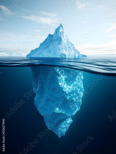 A frozen white iceberg drifts in the cold Antarctic sea