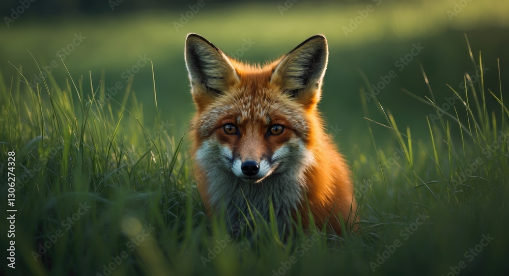 Obraz premium fox in vegetation - fox concealed in greenery - fox observing - Red Fox (Vulpes vulpes)