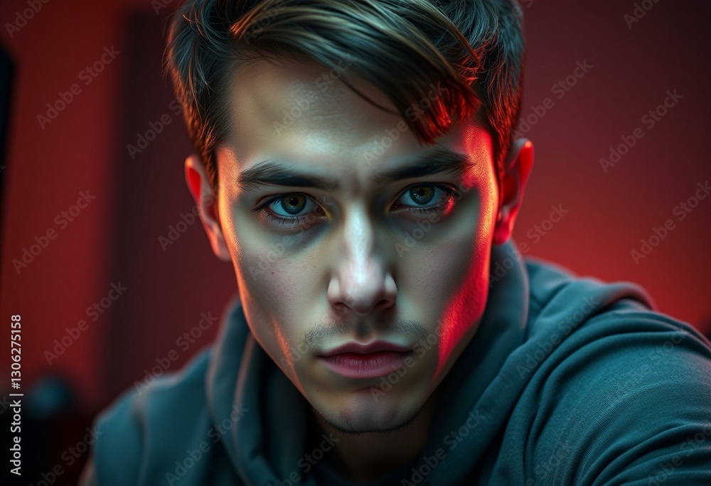 Photorealistic portrait of a male gamer with an intense look Photorealistic portrait of a male gamer with an intense look