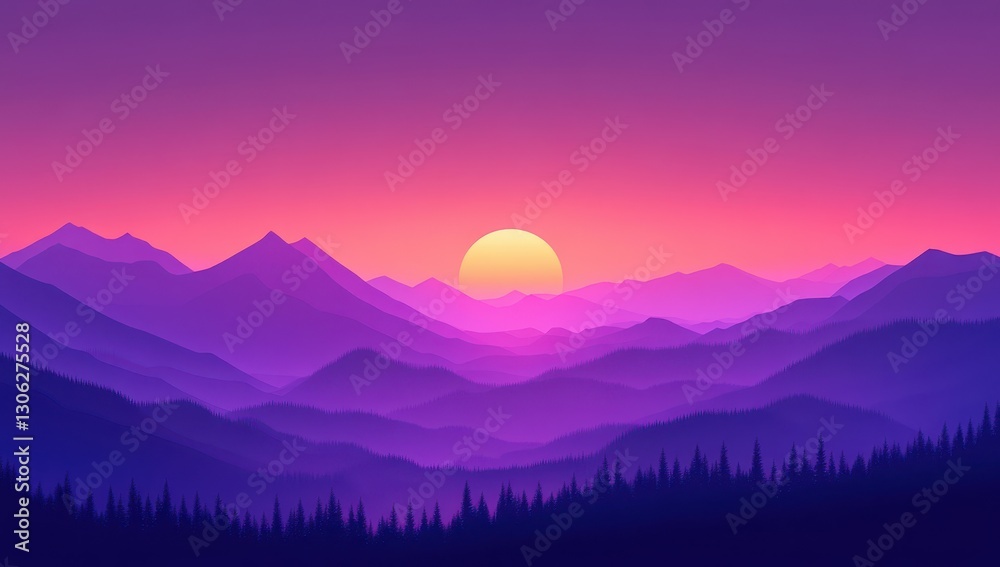Obraz premium Serene Sunset Over Majestic Mountains with Vibrant Purple and Pink Sky Blending Beautifully into the Horizon of Nature's Peaceful Landscape