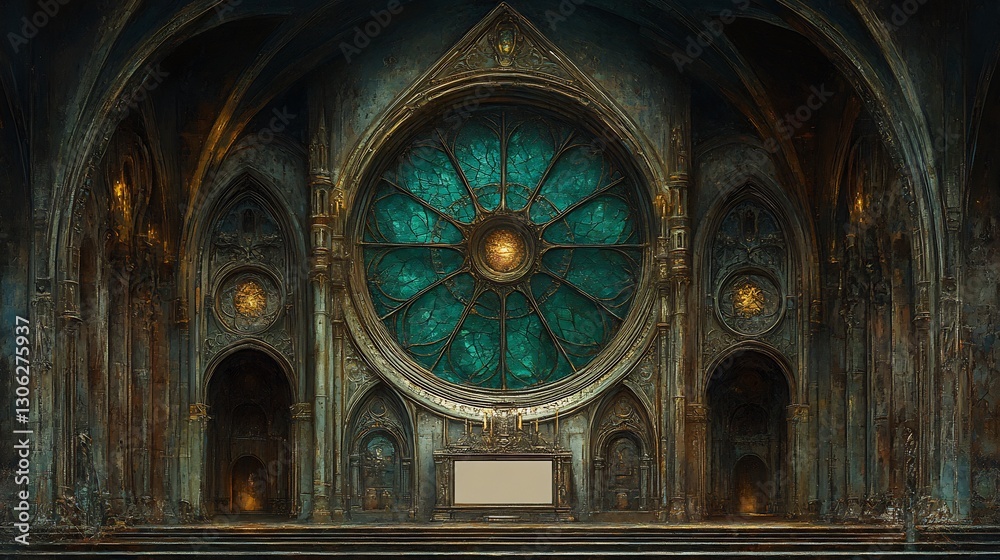 Obraz premium Mysterious Teal Rose Window Illuminates Gothic Hallway. AI Generated