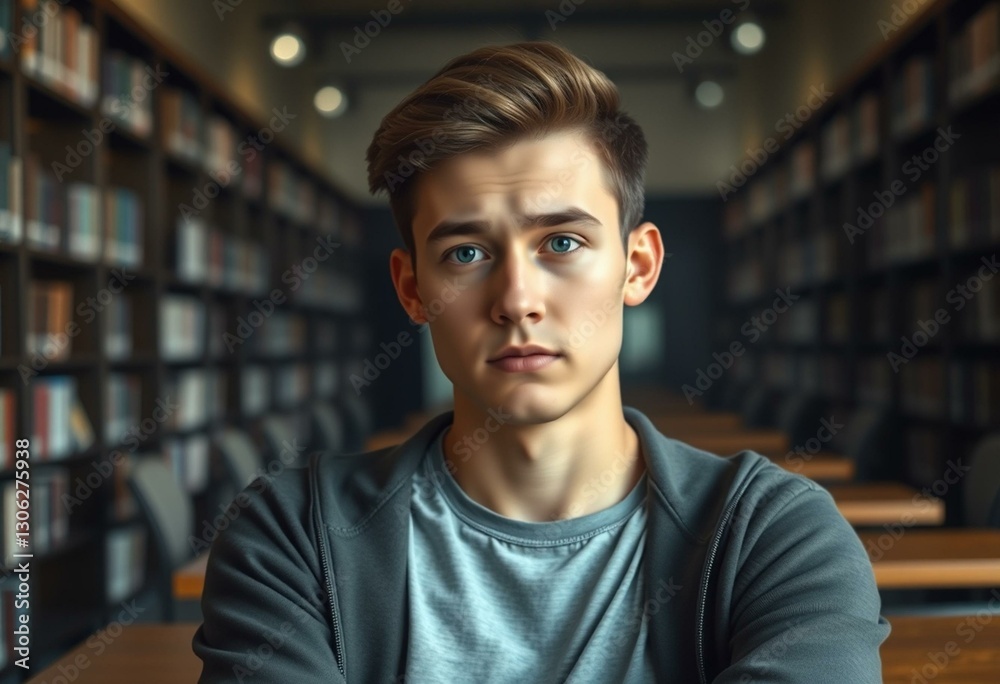 Pensive male student in a library