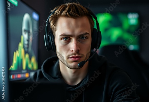 Male gamer in a dimly lit room with a large screen in the background photo