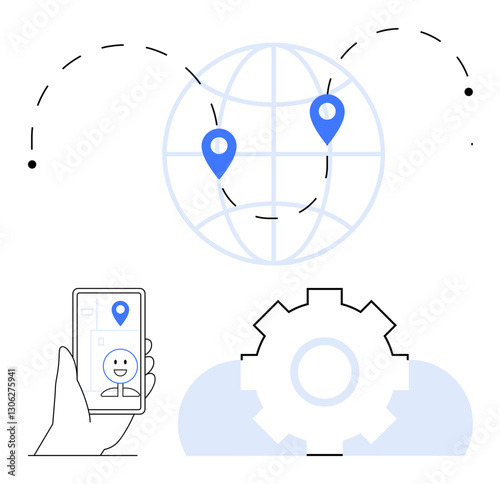 Hand holding smartphone with location pin, globe with map pins, gear symbolizing innovation. Ideal for technology, navigation, connectivity, globalization, digital communication, travel automation