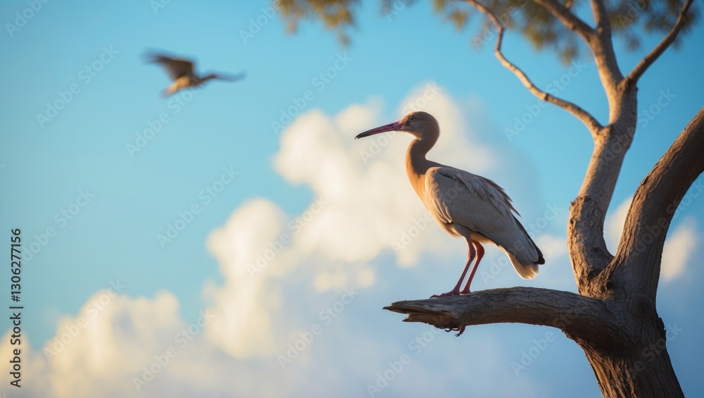 Fototapeta premium Image of an Australian Ibis perched on a tree with a blurred bird flying in the background under a blue sky with clouds.