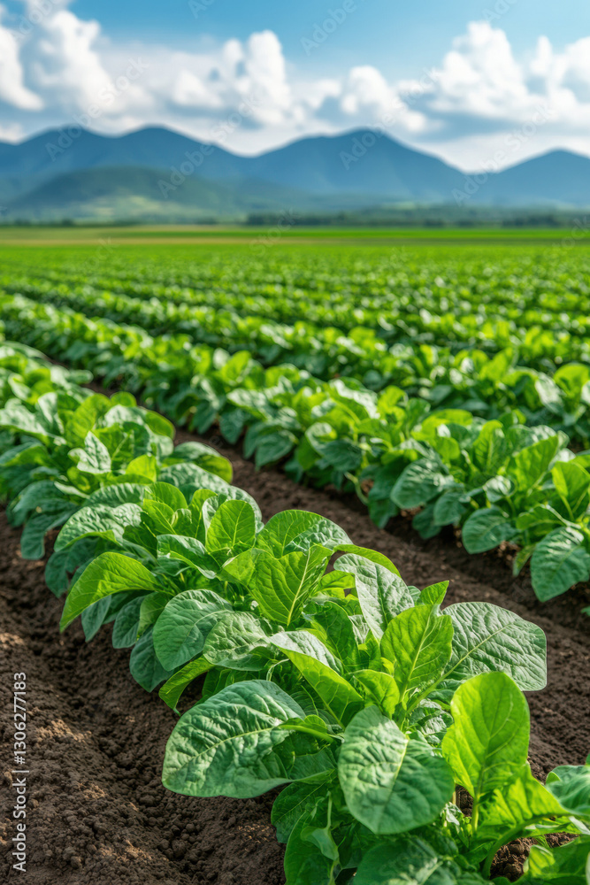 Lush green crops growing in well maintained field with mountains in background under bright blue sky Lush green crops growing in well maintained field with mountains in background under bright blue sky
