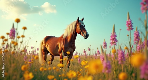 equine in a flowering field