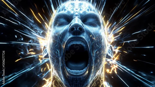 Digital Scream: A stylized digital rendering of a human head with energy radiating outwards, conveying intense emotion and inner turmoil. 
