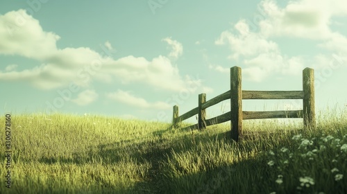 Wallpaper Mural A rustic wooden fence leading across a green field, with plenty of space for text in the upper right corner, showcasing country charm Torontodigital.ca