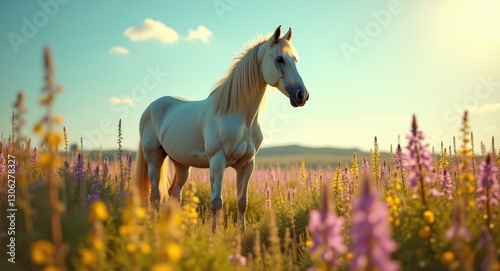 equine in a flower-filled field
