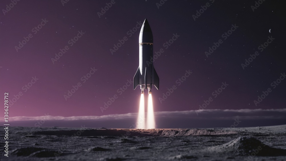 Obraz premium Illustration of a rocket descending onto the moon set against a purple backdrop, designed for versatile applications.