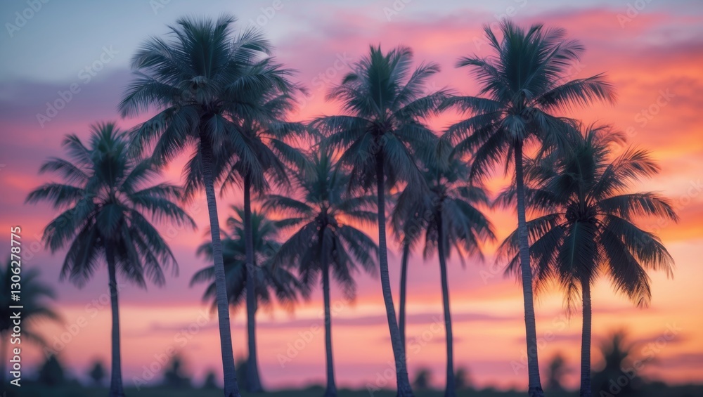 Silhouetted palm trees stand out against a captivating sunset backdrop. Silhouetted palm trees stand out against a captivating sunset backdrop.