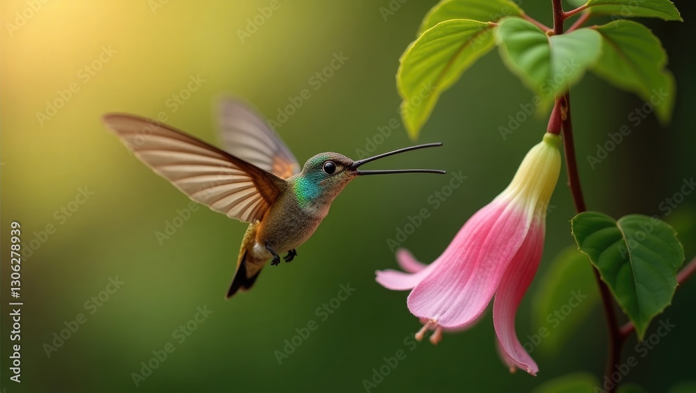 Fototapeta premium hummingbird moth in flight near a blossom (Macroglossum stellatarum)