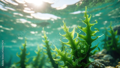 underwater photograph of laminaria sea kale in a saltwater ocean reef photo