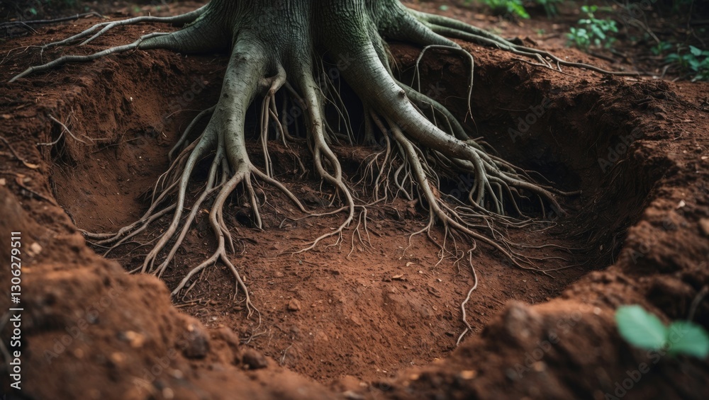 Fototapeta premium Image depicting an area of earth featuring a tree's root system.