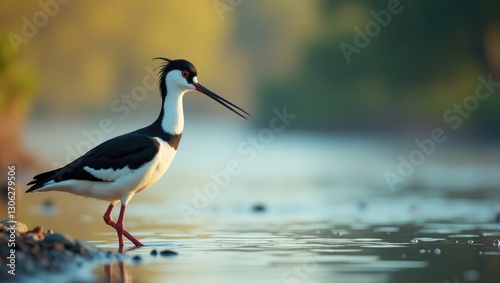 Pied avocet (Recurvirostra avosetta) captured in its natural environment by the water's edge in an estuarine setting.
