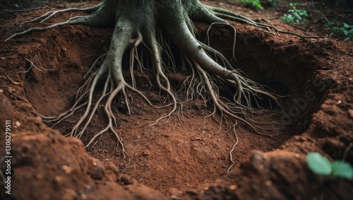 Image depicting an area of earth featuring a tree's root system.