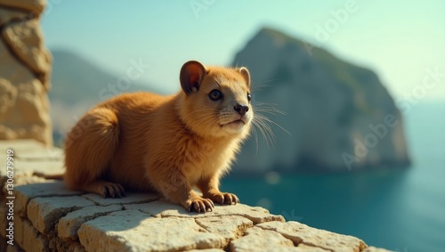 Barbary macaque (Macaca sylvanus) perched on a stone wall. Rock of Gibraltar, Gibraltar, March 2018. Barbary macaques are recognized as unofficial emblems of Gibraltar.