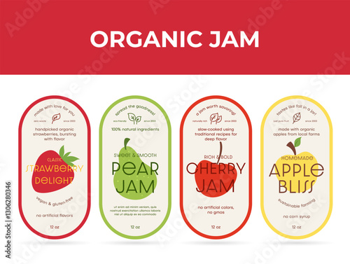 Organic jam labels showcasing various flavors highlighting natural ingredients