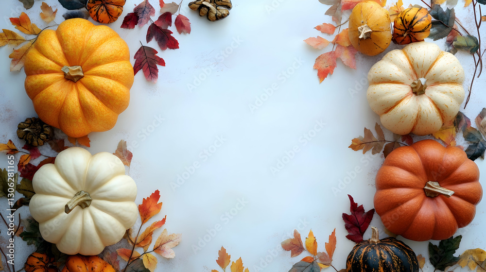 Autumn pumpkin arrangement with blank space for text overlay Autumn pumpkin arrangement with blank space for text overlay