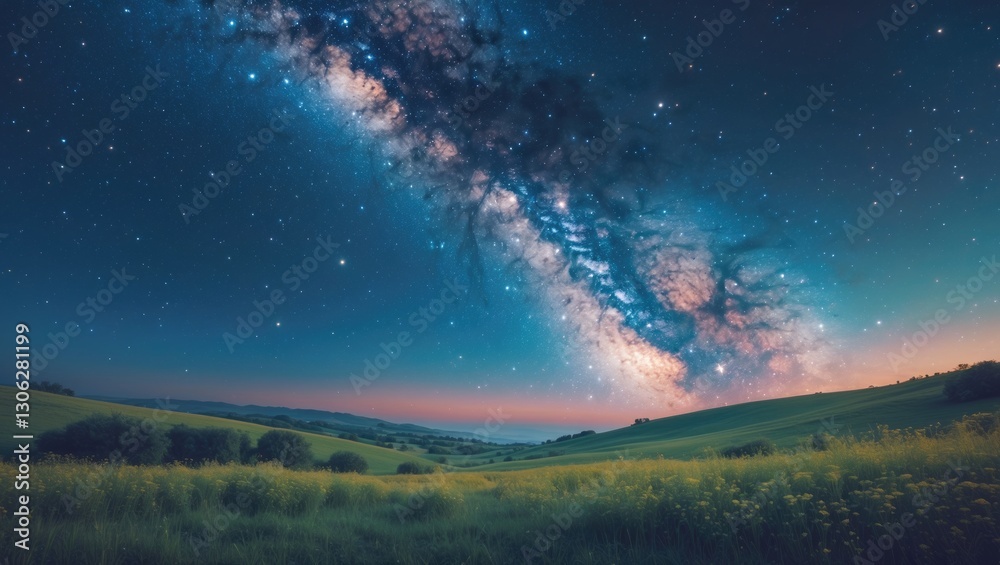 Naklejka premium Scenic view featuring the blue Milky Way. Starlit night with hills during summer. Stunning cosmos. Incredible universe. Celestial backdrop. Gorgeous galaxy.