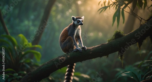 Lemur perched on a branch in the tranquil surroundings of Lokobe Strict Nature Reserve, Nosy Be, Madagascar, Africa.