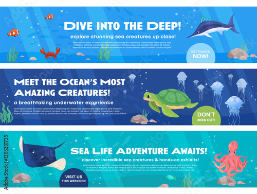 Banners inviting you to see the amazing sea creatures at the Marine Exhibit and discover amazing marine facts about this environment.