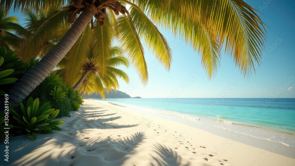 Fototapeta premium Lush palm leaves shading an elegant beach