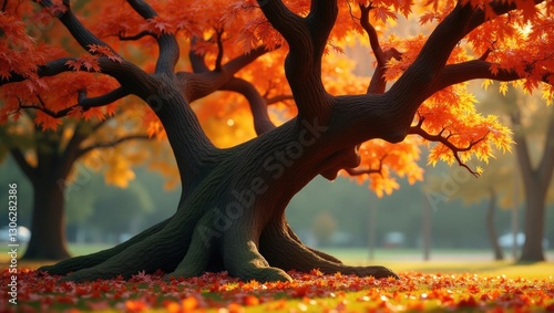 Fragment of a tulip tree in a park adorned with vibrant autumn foliage. photo