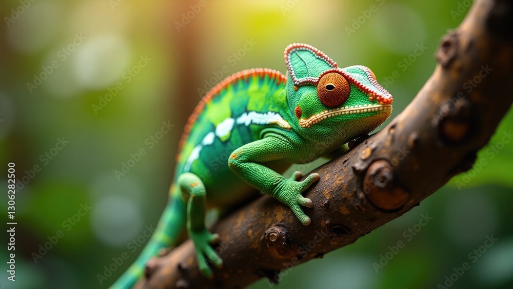 A female panther chameleon ascends a branch. A female panther chameleon ascends a branch.
