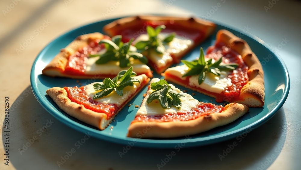 Pizza wedges featuring tomato, mozzarella, and arugula on a turquoise dish. Pizza wedges featuring tomato, mozzarella, and arugula on a turquoise dish.