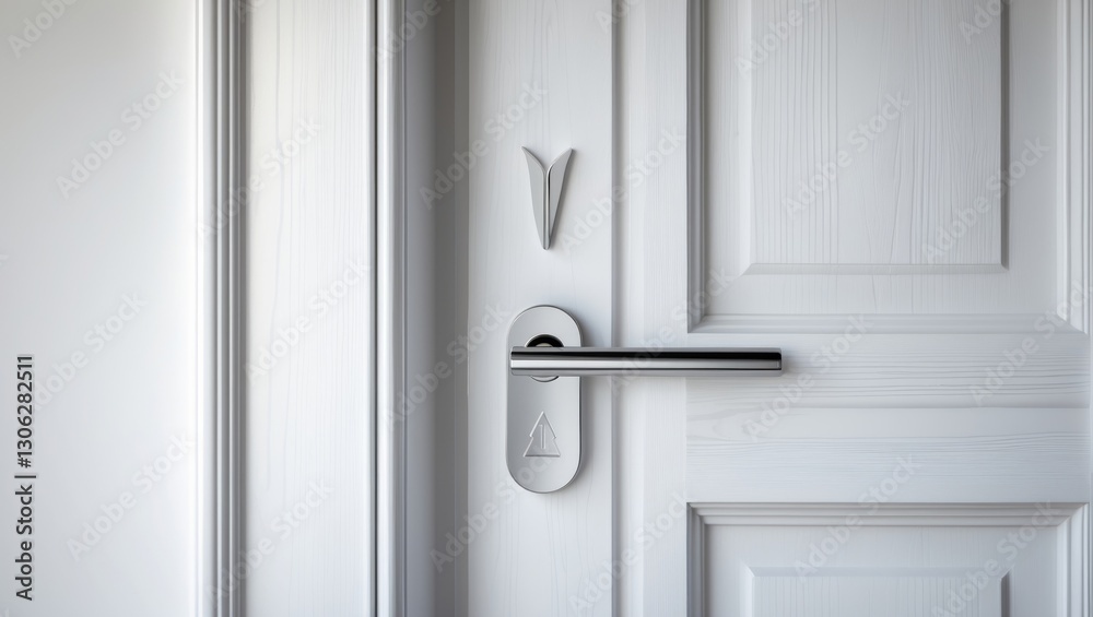 Contemporary white wooden entry door featuring a handle, realistic design, set against a white background Contemporary white wooden entry door featuring a handle, realistic design, set against a white background