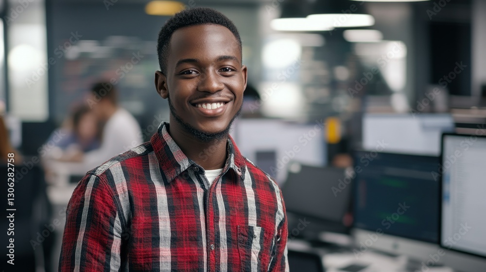 Obraz premium A young Black male software engineer smiles confidently in a modern office, showcasing a professional yet relaxed atmosphere in tech development.