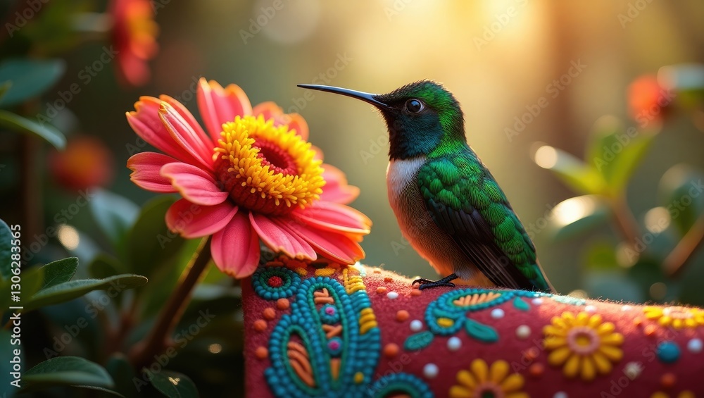 Naklejka premium hummingbird in Mexico surrounded by blooms and embroidery