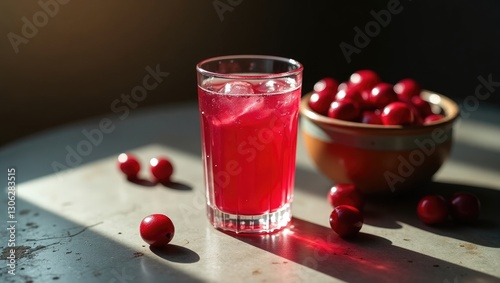 Wallpaper Mural A single glass of homemade cranberry juice alongside a bowl of cranberries on a concrete gray table. Torontodigital.ca