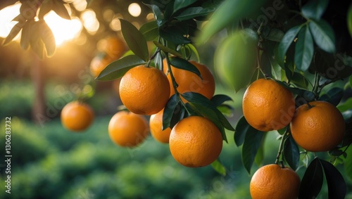 Luscious, ripe oranges hanging on a tree in a New Zealand farmer's garden