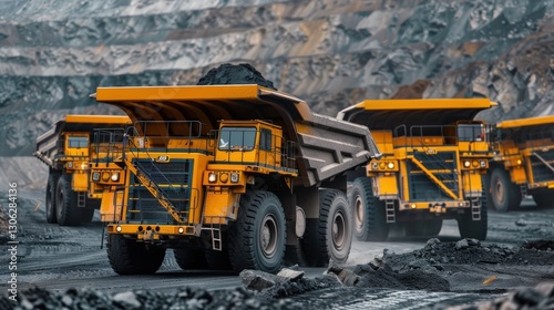 Giant Yellow Dump Trucks Hauling Coal at Extraction Site