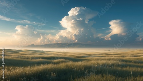 Mongolian steppe featuring a blue sky and cloud formations photo